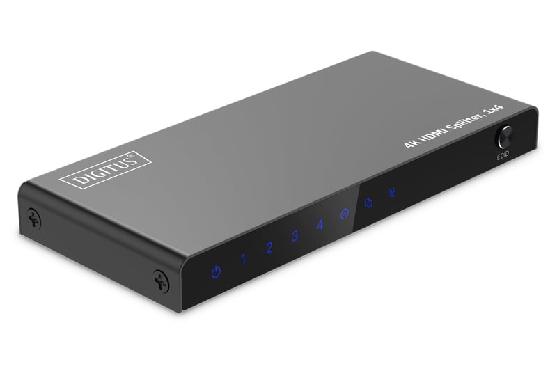 DIGITUS HDMI rozbočovač 1x4 – 1 vstup, 4 výstupy – UHD 4K 60Hz, HDMI 2.0, HDCP 2.2, HDR, Deep Color, EDID, DTS, Dolby Digital, čierny