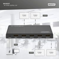 DIGITUS HDMI rozbočovač 1x4 – 1 vstup, 4 výstupy – UHD 4K 60Hz, HDMI 2.0, HDCP 2.2, HDR, Deep Color, EDID, DTS, Dolby Digital, čierny 3