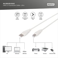 Prepojovací kábel DIGITUS USB 2.0 – typ A (samec) – typ B (samec) – 1,8 m – 480 Mb/s – pre tlačiareň, rozbočovač – béžový 3