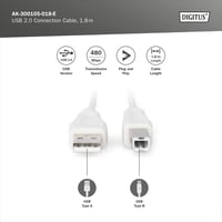 Prepojovací kábel DIGITUS USB 2.0 – typ A (samec) – typ B (samec) – 1,8 m – 480 Mb/s – pre tlačiareň, rozbočovač – béžový 2