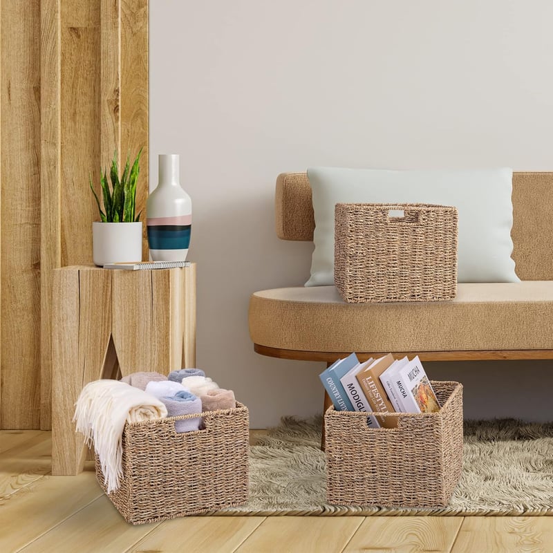 DINGTAI Kallax Kosár Szalmából 30x30x25cm Összecsukható Tárolo Kosarak 4db Szett
