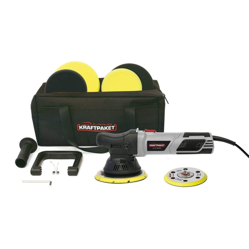 Excentrická leštička Dino KRAFTPAKET 640301 15mm 900W, XXL sada s kotúčmi 125/150mm, sivá