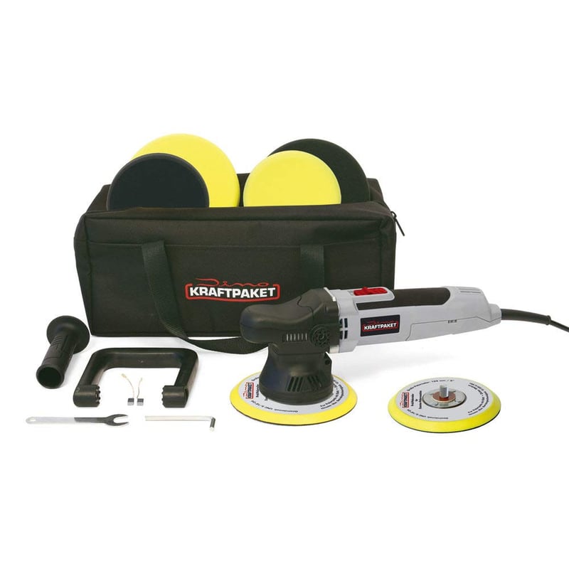 Excentrická leštička Dino KRAFTPAKET, sada – 650 W, 9 mm, unášací tanier 125+150 mm, sivá