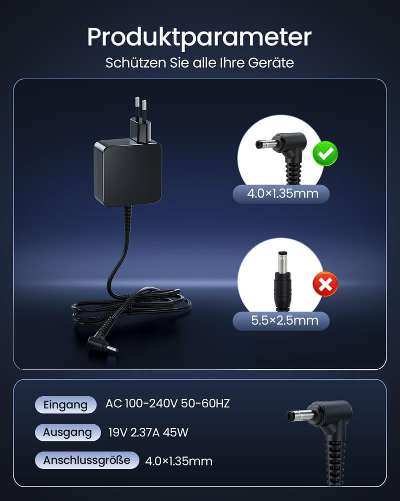 DINTYOU 45W Laptop Töltő 19V 2.37A 4.0x1.35mm - ASUS ZenBook UX305 UX330UA VivoBook Ultrabook Kompatibilis Adapter Túlfeszültség Védelemmel