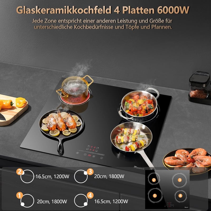 Disaenvir 4 égőfejes üvegkerámia főzőlap 6000W, 60cm, 9 fokozat, időzítő