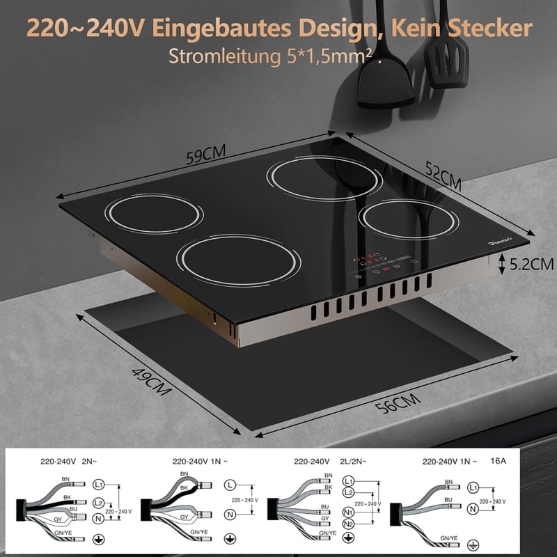Disaenvir 4 égőfejes üvegkerámia főzőlap 6000W, 60cm, 9 fokozat, időzítő