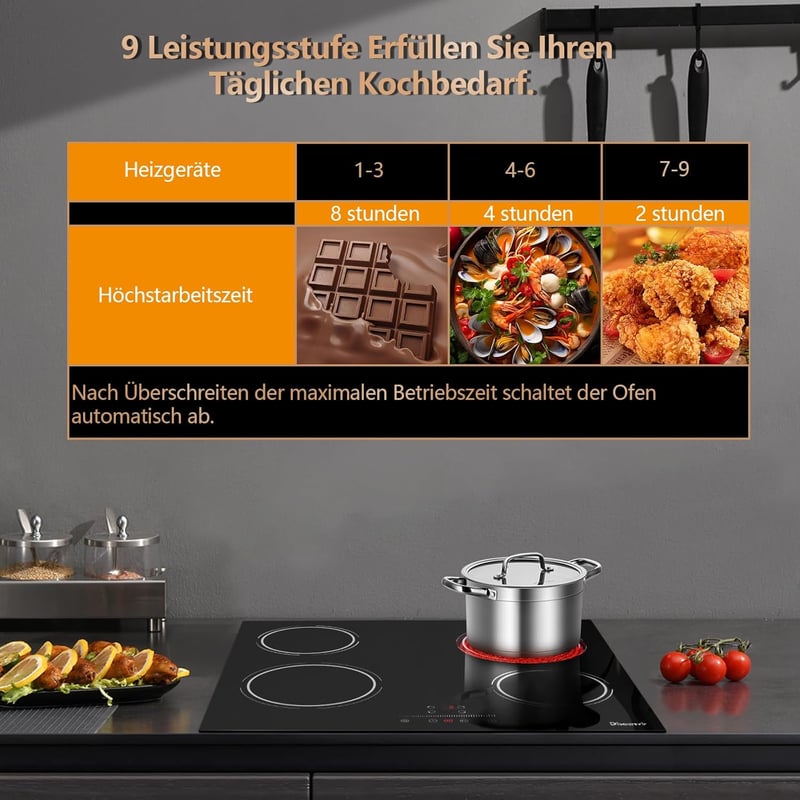 Disaenvir 4 égőfejes üvegkerámia főzőlap 6000W, 60cm, 9 fokozat, időzítő