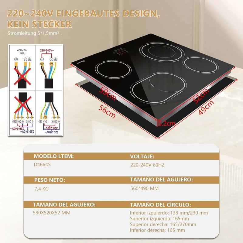 Disaenvir 4 égőfejes üvegkerámia főzőlap 6600W, dupla gyűrű, 9 fokozat, időzítő - 60cm 6600w