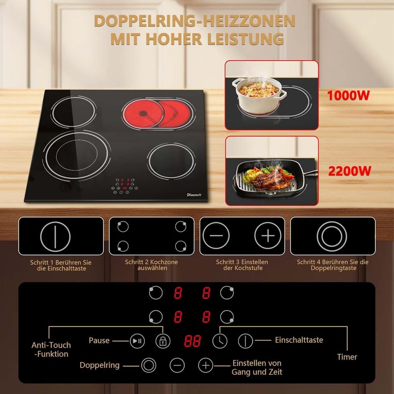 Disaenvir 4 égőfejes üvegkerámia főzőlap 6600W, dupla gyűrű, 9 fokozat, időzítő - 60cm 6600w
