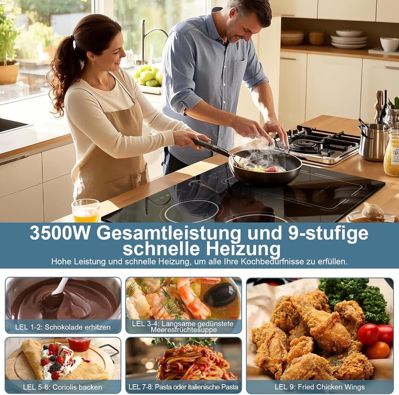 Disaenvir 4 zónás beépíthető indukciós főzőlap 60 cm 7200 W, Flex technológia, 9 fokozat