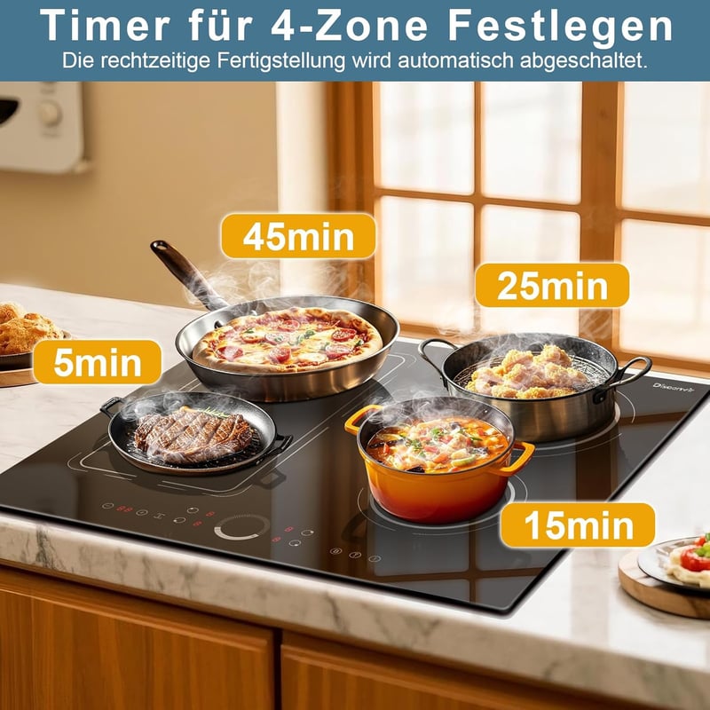 Disaenvir 4 zónás beépíthető indukciós főzőlap 60 cm 7200 W, Flex technológia, 9 fokozat
