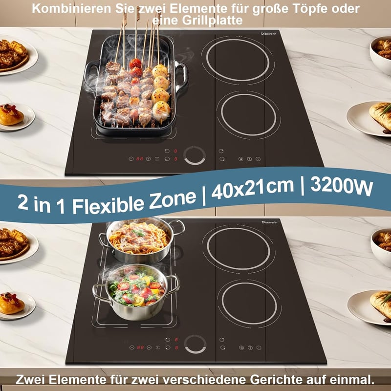 Disaenvir 4 zónás beépíthető indukciós főzőlap 60 cm 7200 W, Flex technológia, 9 fokozat