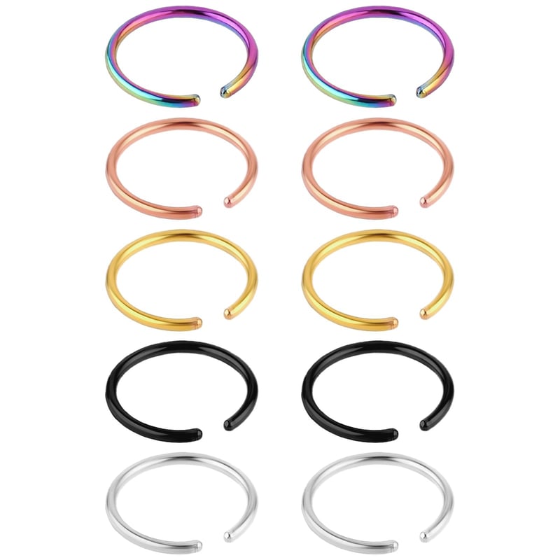 DIVINA VITAE Set za piercing nosa od 10 dijelova - Nehrđajući čelik, obruč, lažni prsten za nos i usne, 20G 8mm, obruč za septum i hrskavicu, za muškarce i