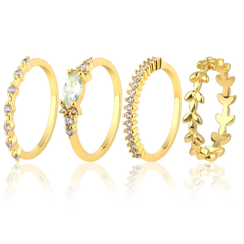 DIVINA VITAE Sada 4 stohovateľných dámskych prsteňov, pozlátené 18K zlatom, so zirkónovými kameňmi, elegantné hypoalergénne tenké prstene, medený základ