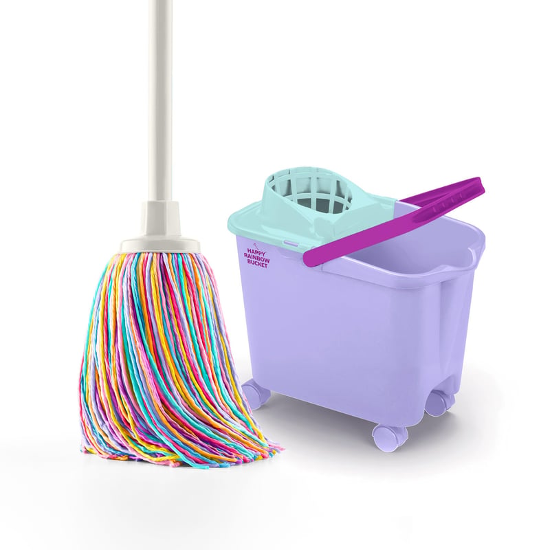 Set mop DIVINE GENIUS Happy Rainbow cu găleată cu storcător de 14 litri și roți pivotante, lavetă din microfibră reciclată, pentru curățarea podelei