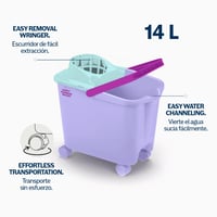 Set mop DIVINE GENIUS Happy Rainbow cu găleată cu storcător de 14 litri și roți pivotante, lavetă din microfibră reciclată, pentru curățarea podelei 6