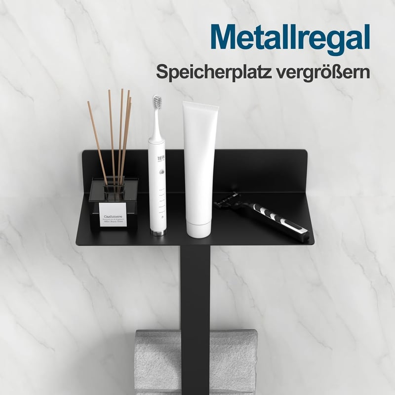 Diwoker Öntapadós Törölközőtartó Polccal - 42 cm Matt Fekete Fürdőszobai Fali Törölközőtartó Akasztókkal, Fúrás Nélkül Rögzíthető, 3 kg Tehe
