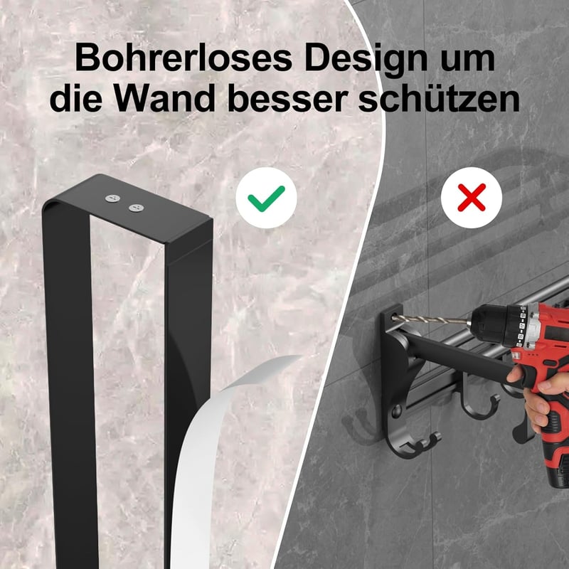 Diwoker Öntapadós Törölközőtartó Polccal - 42 cm Matt Fekete Fürdőszobai Fali Törölközőtartó Akasztókkal, Fúrás Nélkül Rögzíthető, 3 kg Tehe