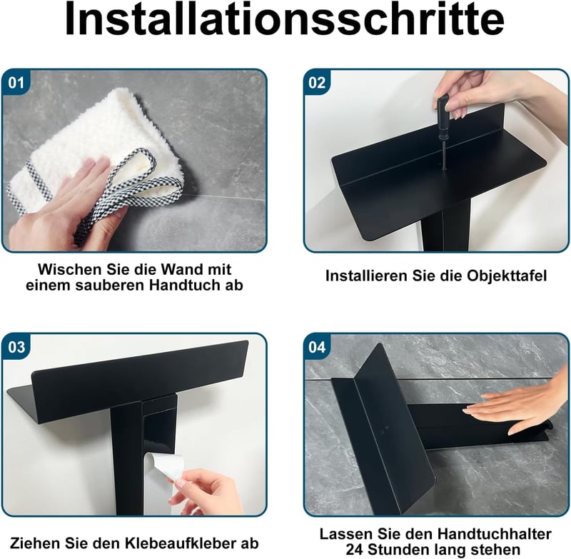 Diwoker Öntapadós Törölközőtartó Polccal - 42 cm Matt Fekete Fürdőszobai Fali Törölközőtartó Akasztókkal, Fúrás Nélkül Rögzíthető, 3 kg Tehe
