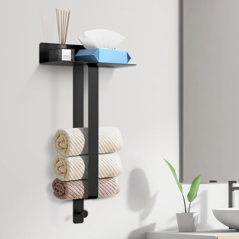 Diwoker Öntapadós Törölközőtartó Polccal - 42 cm Matt Fekete Fürdőszobai Fali Törölközőtartó Akasztókkal, Fúrás Nélkül Rögzíthető, 3 kg Tehe