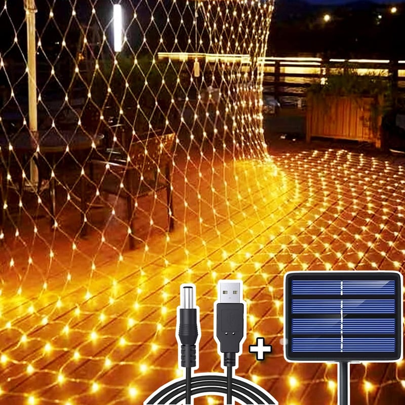 DIWUJI 204 LED Hálós Fényfüzér 3m x 2m Meleg Fehér Szolár USB Vízálló Karácsony