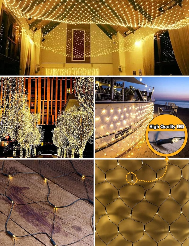 DIWUJI 204 LED Hálós Fényfüzér 3m x 2m Meleg Fehér Szolár USB Vízálló Karácsony