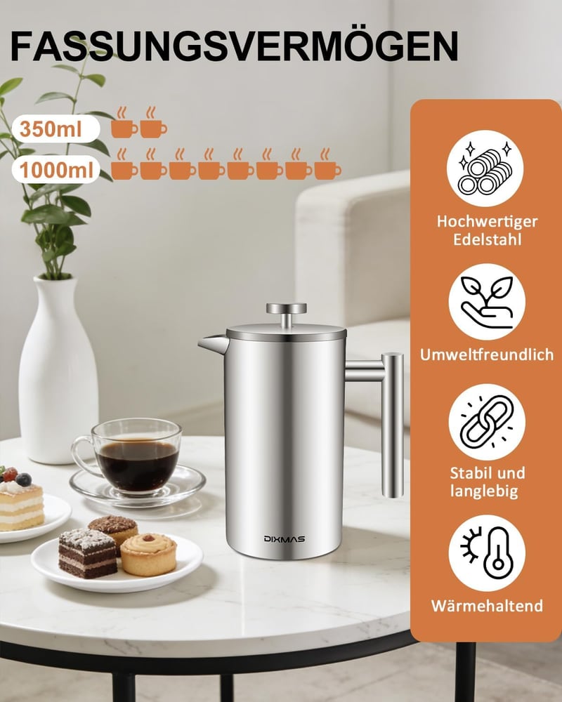 Dixmas Rozsdamentes Franciasürgős Kávéfőző 350ml Dupla Falú Termosz