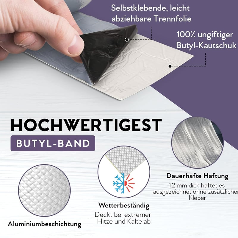 DIY Doctor Butyl Tömítőszalag 50mm x 5m Vízálló Öntapadós Szigetelő Szalag Tető Ereszcsatorna Javításhoz Lila Alumínium