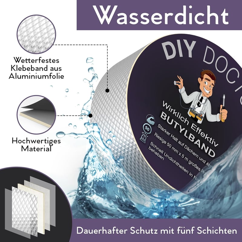 DIY Doctor Butyl Tömítőszalag 50mm x 5m Vízálló Öntapadós Szigetelő Szalag Tető Ereszcsatorna Javításhoz Lila Alumínium