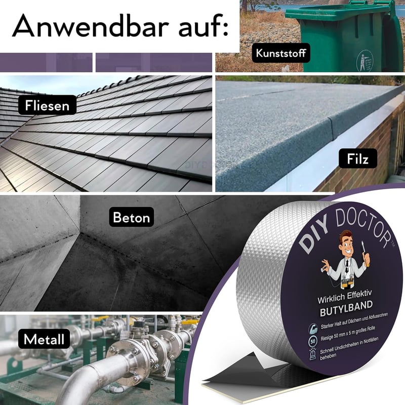 DIY Doctor Butyl Tömítőszalag 50mm x 5m Vízálló Öntapadós Szigetelő Szalag Tető Ereszcsatorna Javításhoz Lila Alumínium