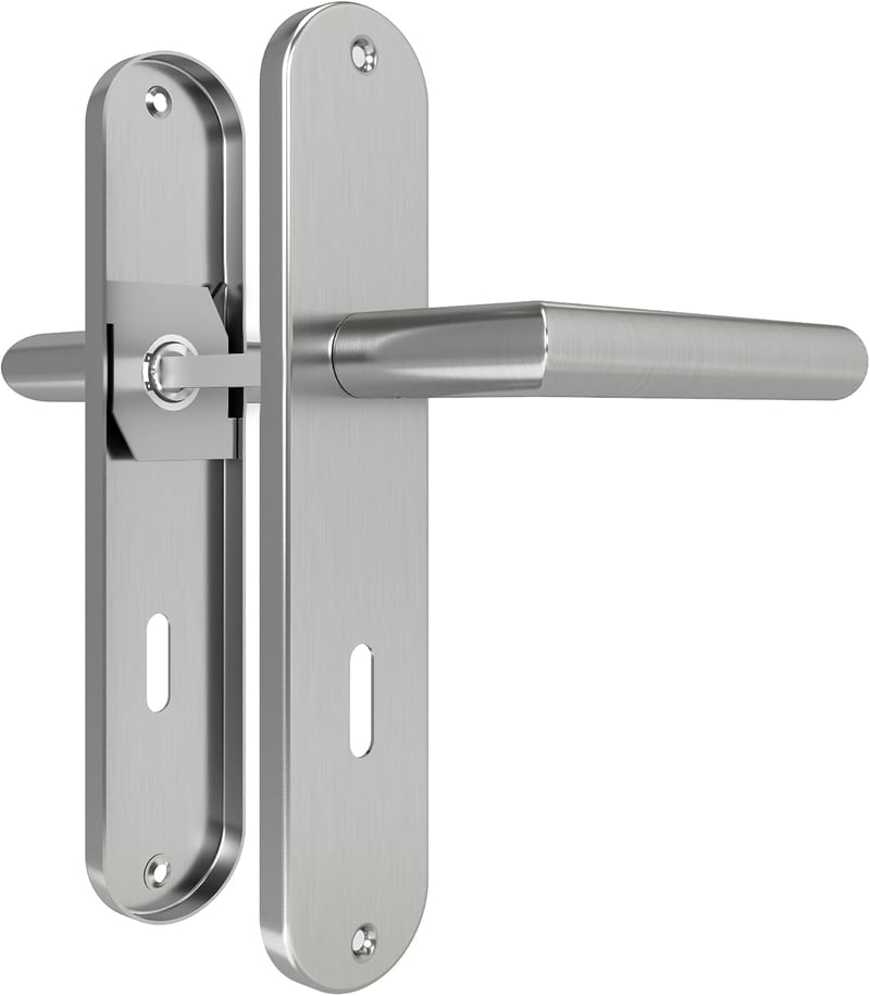DIYGEEK beltéri ajtókilincs szett rozsdamentes acél, 72 mm BB reteszzárral, hosszú pajzs, L alakú, matt ezüst karnyél