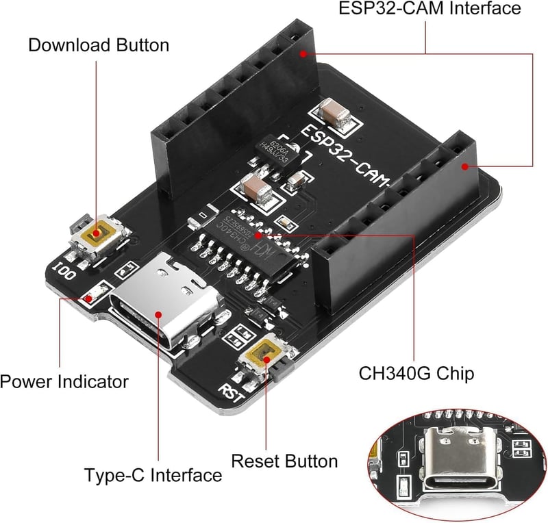 diymore ESP32-CAM fejlesztői csomag USB-C, WiFi/Bluetooth, 8MB, kamera modul