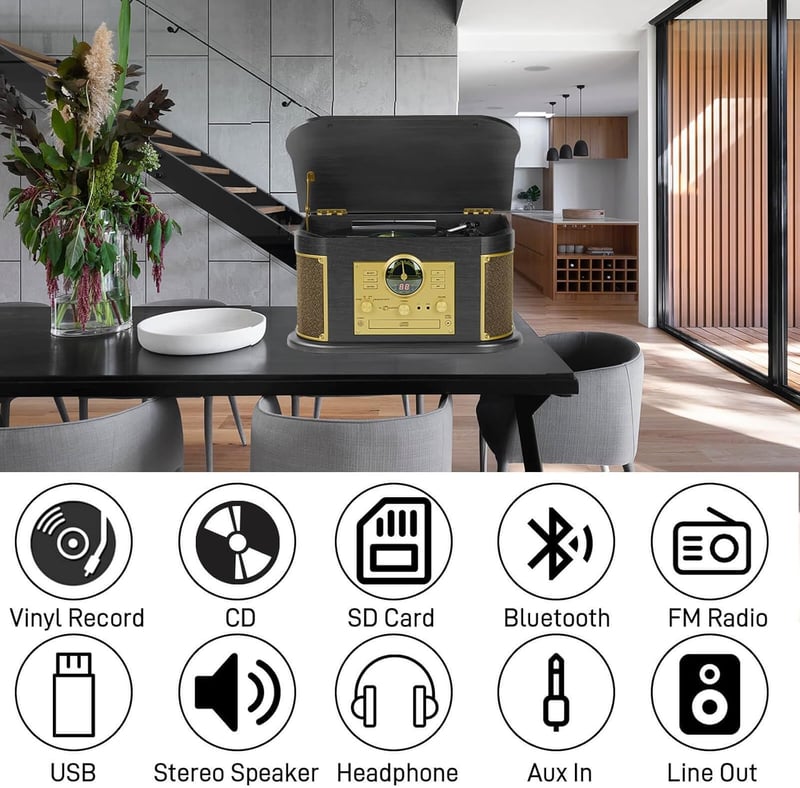 DLITIME Lemezjátszó Bluetooth Hangszoróval, 3 Sebességes Retro Lemezlejátszó CD Rádiós Rendszer