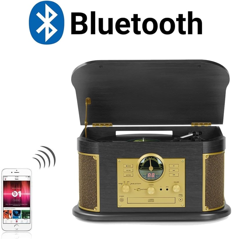 DLITIME Lemezjátszó Bluetooth Hangszoróval, 3 Sebességes Retro Lemezlejátszó CD Rádiós Rendszer