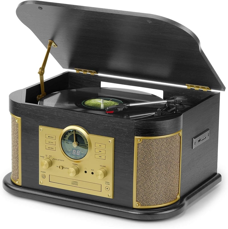 DLITIME Lemezjátszó Bluetooth Hangszoróval, 3 Sebességes Retro Lemezlejátszó CD Rádiós Rendszer