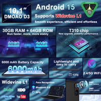 Tabletă DMOAO 10 inchi Android 15 cu tastatură, 30 GB RAM + 64 GB ROM (extensibil la 2 TB), 5G WiFi, Widevine L1, Octa-Core, GPS, Face ID, FHD IPS, 6000 mAh, Negru 2