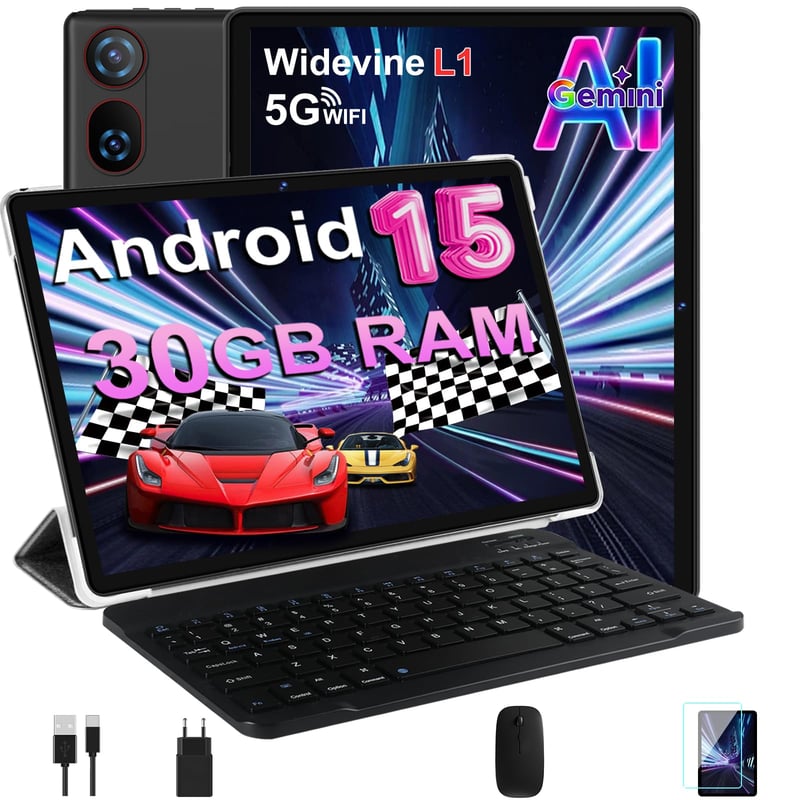 Tabletă DMOAO 10 inchi Android 15 cu tastatură, 30 GB RAM + 64 GB ROM (extensibil la 2 TB), 5G WiFi, Widevine L1, Octa-Core, GPS, Face ID, FHD IPS, 6000 mAh, Negru