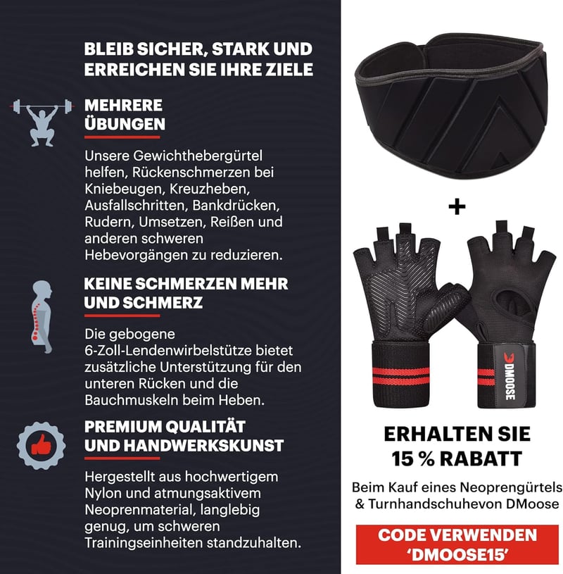 DMoose Fitness súlyemelő öv önzáró rendszerrel - Neoprén erőemelő derékpánt férfiaknak és nőknek - Fekete edzőöv CrossFit és testépítés támo