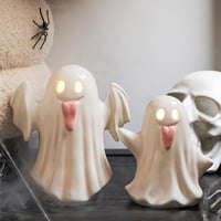 DN DECONATION Decorațiune de Halloween, set de 2 figurine fantomă din ceramică cu iluminare LED, lampă de veghe roz și albă, pentru masă 4