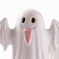 DN DECONATION Decorațiune de Halloween, set de 2 figurine fantomă din ceramică cu iluminare LED, lampă de veghe roz și albă, pentru masă 7