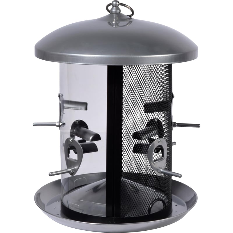 Dobar XXL Hrănitoare Suspendată pentru Păsări cu Sistem Dual-Silo - Stâlp de Hrănire din Metal pentru Semințe și Nuci - 20x20x32 cm - Gri