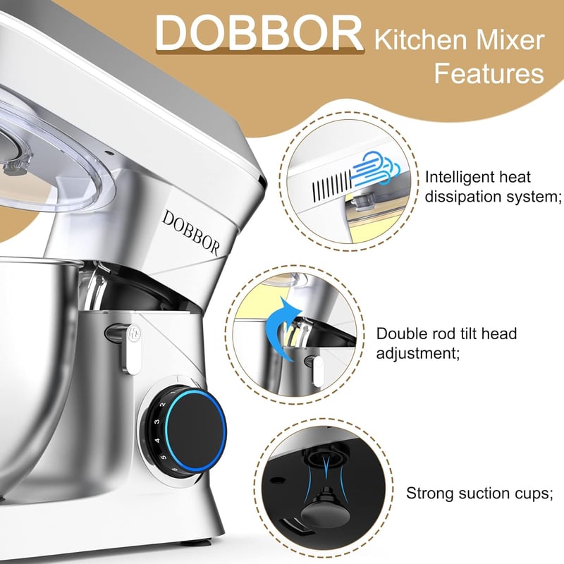 DOBBOR 9,5L Robotgép 1500W - 7 Sebességes Konyhai Mixer Dagasztó Funkcióval, Habverővel és Fröccsenésgátlóval, Csendes Bolygómozgású Keverőr
