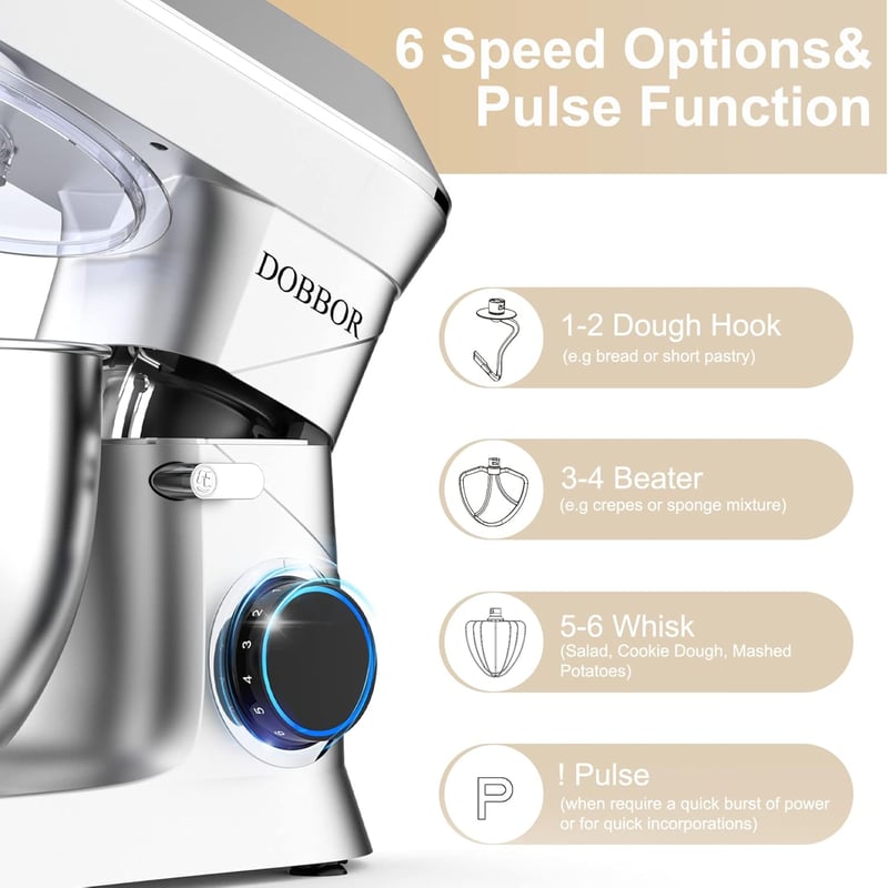 DOBBOR 9,5L Robotgép 1500W - 7 Sebességes Konyhai Mixer Dagasztó Funkcióval, Habverővel és Fröccsenésgátlóval, Csendes Bolygómozgású Keverőr