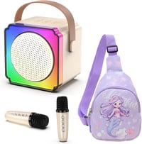 doeboe hordozható Bluetooth karaoke gép 2 mikrofonnal, LED fényekkel - 4-14 éves korig - törtfehér 1