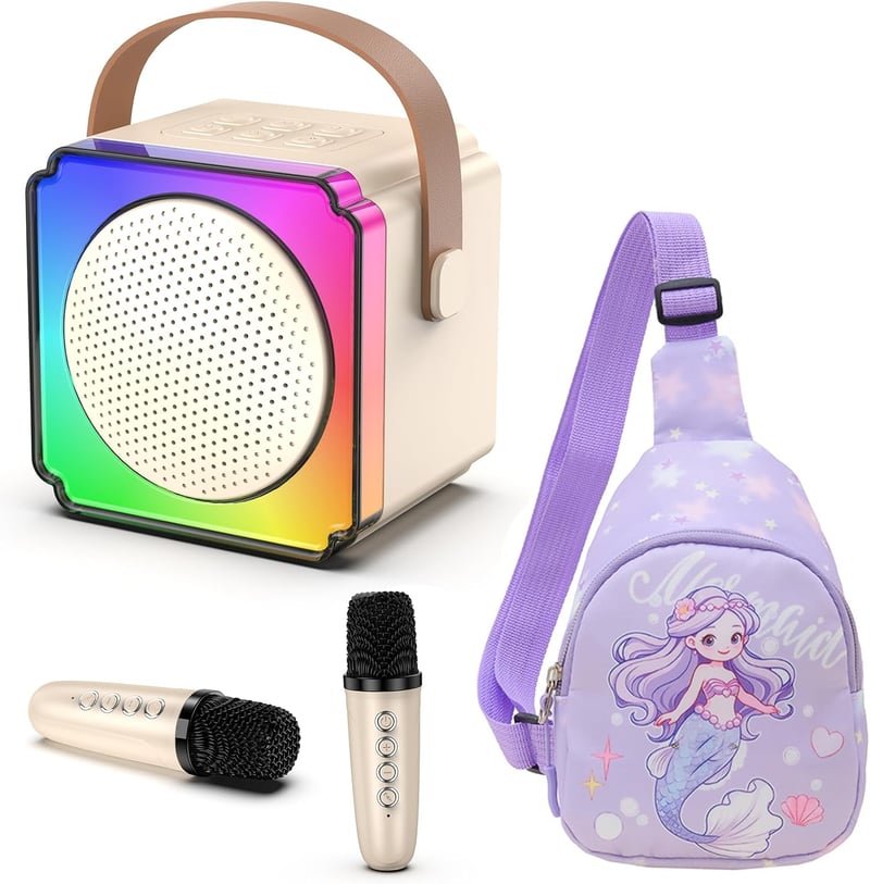 doeboe hordozható Bluetooth karaoke gép 2 mikrofonnal, LED fényekkel - 4-14 éves korig - törtfehér