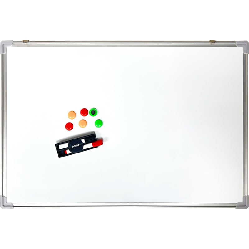 Magnetická biela tabuľa DOHE 90x60 cm, s hliníkovým rámom, vrátane 2 fixiek, 6 magnetov, stierky a odkladacej lišty, stierateľná za sucha