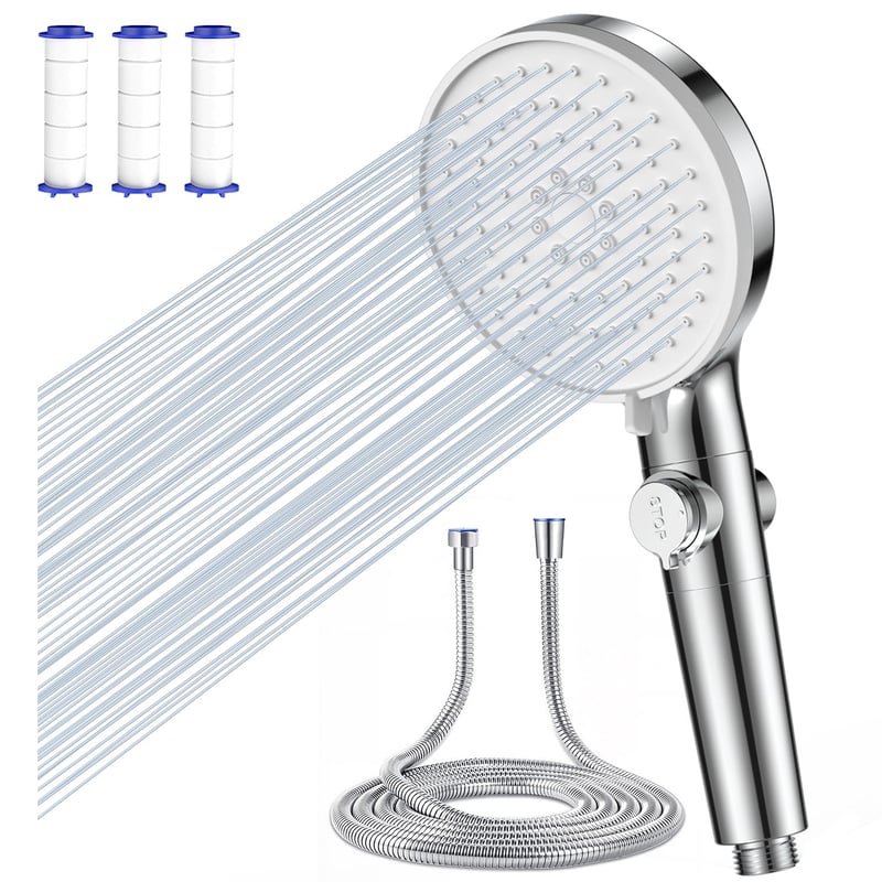 Duș de mână Dokkita cu filtru, furtun de 1,5 m, economisire apă 4,6 L/min, 5 tipuri de jet, funcție Waterstop, argintiu