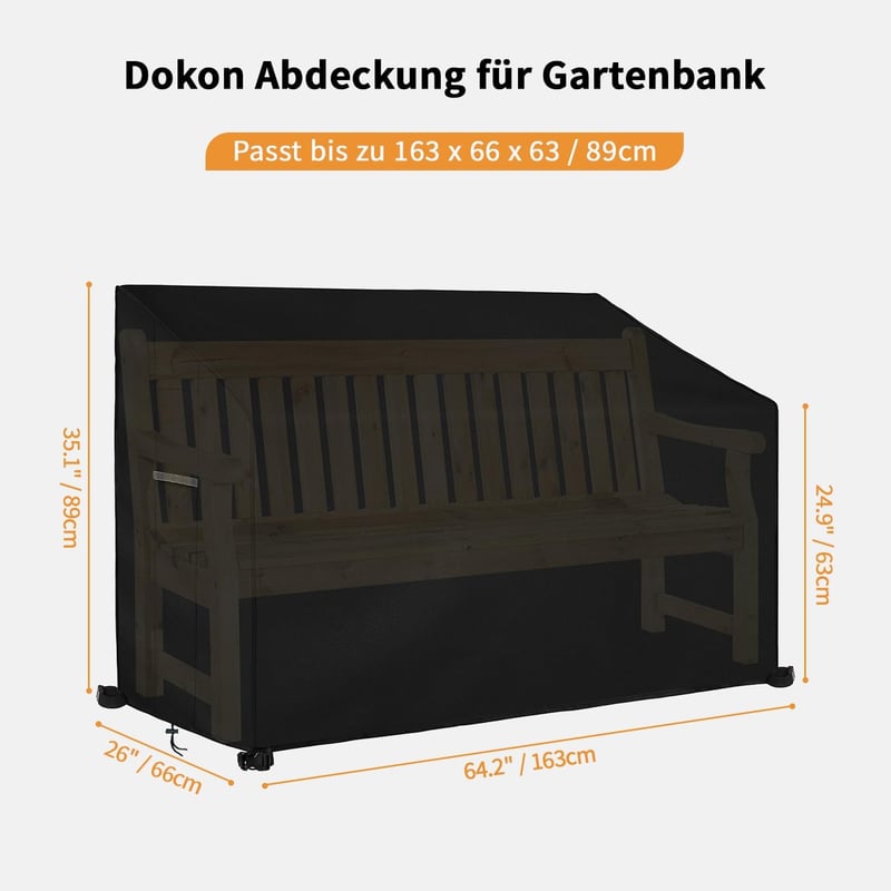 Dokon 3 személyes kerti pad védőhuzat szellőzőnyílásokkal - Vízálló, UV-álló Oxford anyag, Fekete (163x66x63/89 cm)