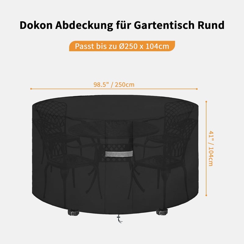Dokon Kerti Bútorvédő Takaró - Vízálló Oxford Szövet, Szellőzőnyílásokkal, UV-Álló, 250x250x104 cm, Kerek Ülőgarnitúrához