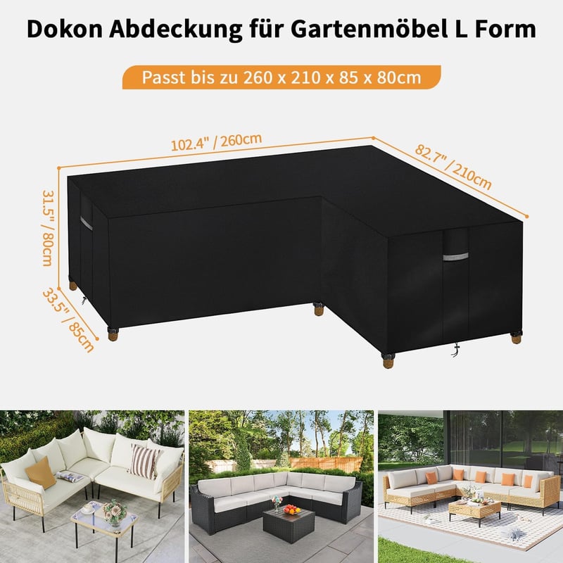 Dokon V-alakú kerti bútorvédő huzat - Vízálló Oxford szövet, UV-álló, szélbiztos sarokkanapé takaró, 260x210x80x80cm, fekete